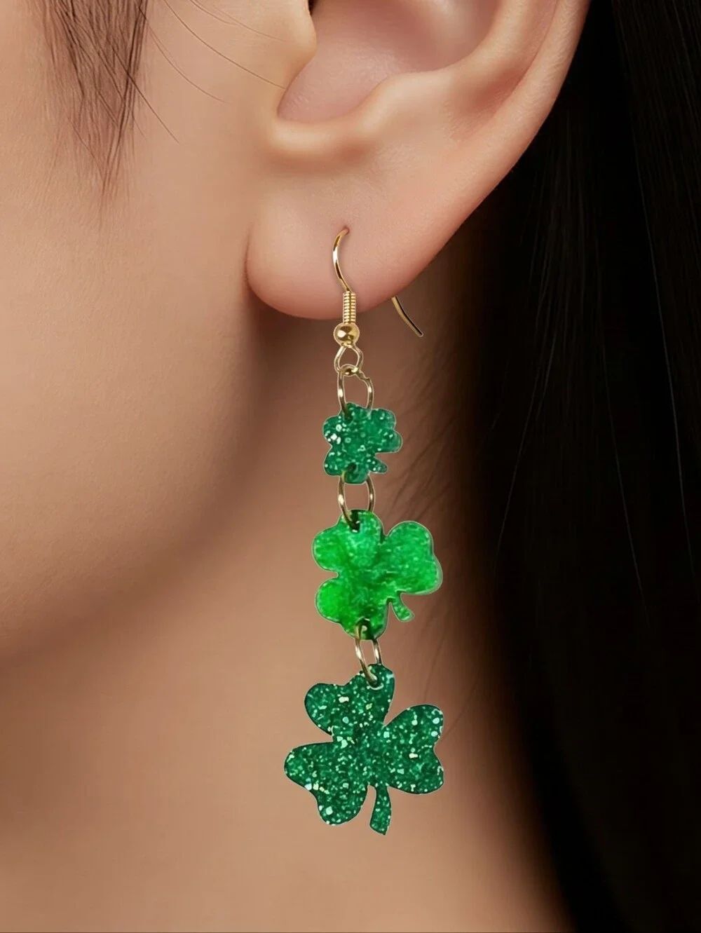 Green Clover Dangle Earrings Gold 3 Shamrock Drop St Patrick’s Day Festive Gift